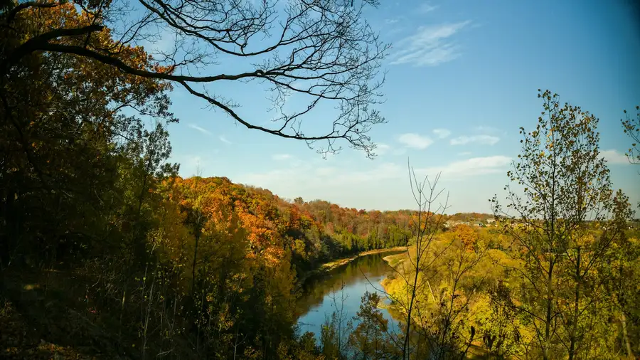 The Grand River winding through autumn trees near Kitchener