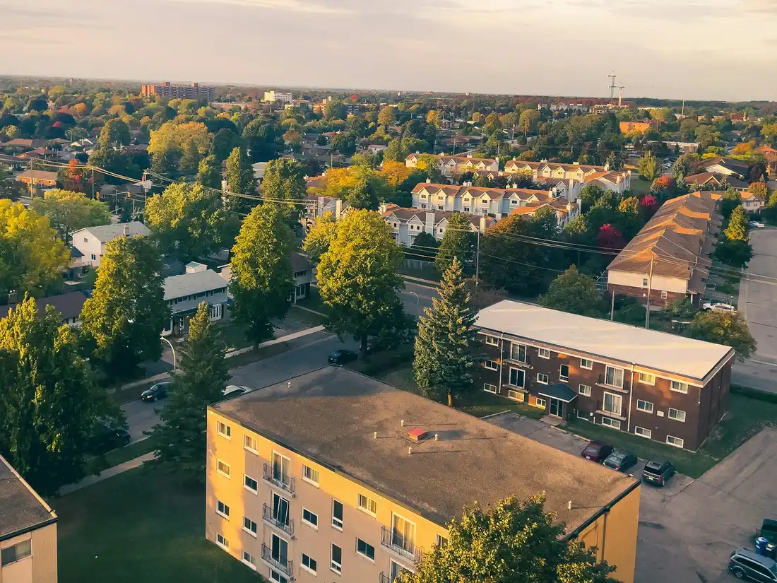A Kitchener neighbourhood of low-rise homes and mature trees seen from above at sunset