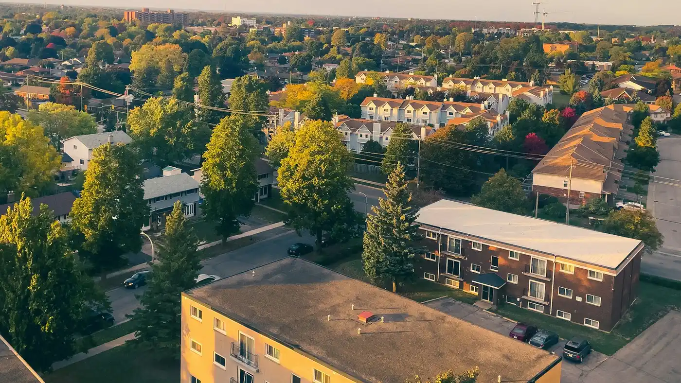 A Kitchener neighbourhood of low-rise homes and trees seen from above at sunset